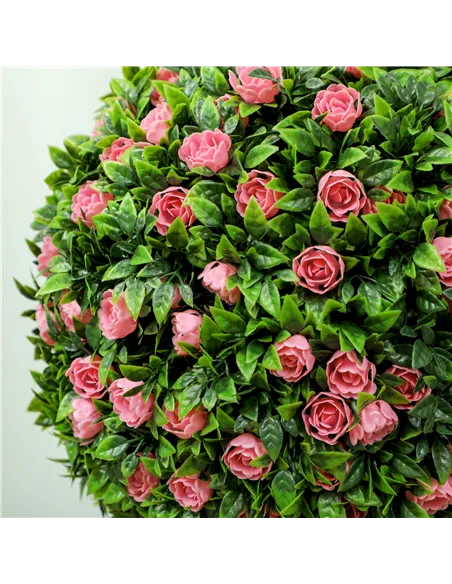 HOMCOM Set of 2 Decorative Artificial Plants, Ball Topiary Tree with Rose Flower in Pot, Fake Plants for Home Indoor Outdoor Dec