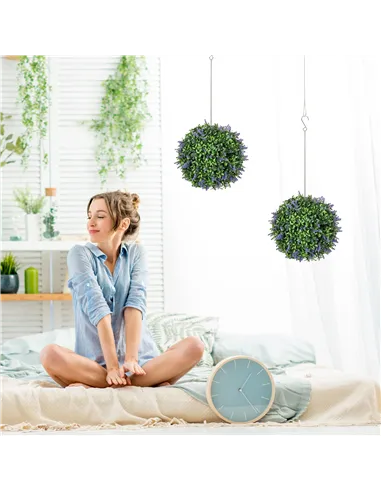 HOMCOM Set of 2 Artificial Plant Topiary Balls, UV-protected Fake Decorative Plants, Faux Plants for Home Indoor Outdoor Decor, 