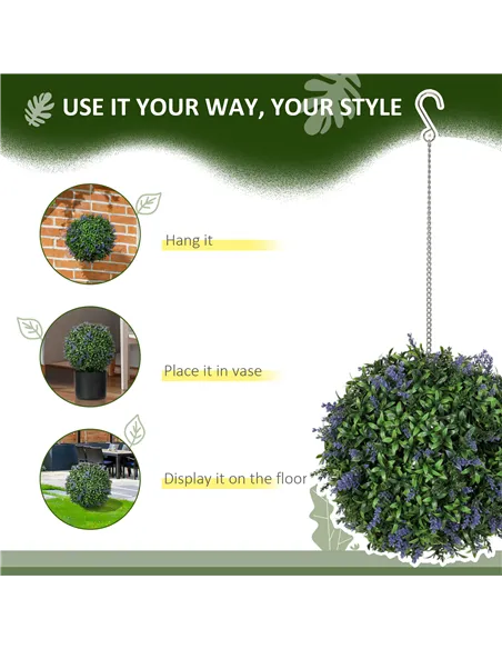 HOMCOM Set of 2 Artificial Plant Topiary Balls, UV-protected Fake Decorative Plants, Faux Plants for Home Indoor Outdoor Decor, 