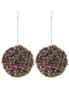 HOMCOM Set of 2 Decorative Artificial Plants, UV-protected Artificial Plant Topiary Rose Balls, Fake Plants for Home Indoor outd