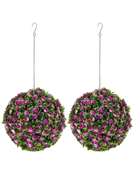 HOMCOM Set of 2 Decorative Artificial Plants, UV-protected Artificial Plant Topiary Rose Balls, Fake Plants for Home Indoor outd