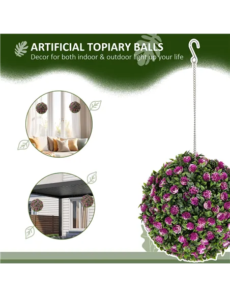 HOMCOM Set of 2 Decorative Artificial Plants, UV-protected Artificial Plant Topiary Rose Balls, Fake Plants for Home Indoor outd
