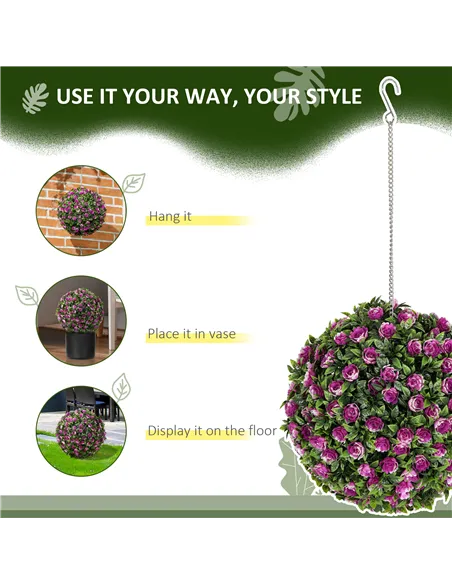HOMCOM Set of 2 Decorative Artificial Plants, UV-protected Artificial Plant Topiary Rose Balls, Fake Plants for Home Indoor outd