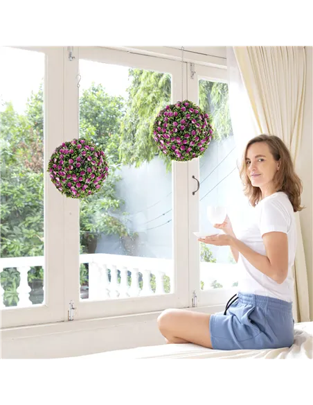 HOMCOM Set of 2 Decorative Artificial Plants, UV-protected Artificial Plant Topiary Rose Balls, Fake Plants for Home Indoor outd