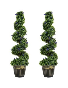 HOMCOM Set of 2 Decorative Artificial Plants, Boxwood Spiral Topiary Tree with Lavender and Pot, Fake Plants for Home Indoor Out