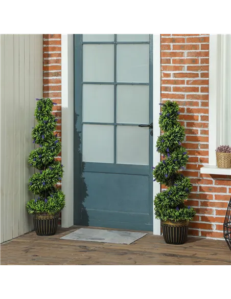 HOMCOM Set of 2 Decorative Artificial Plants, Boxwood Spiral Topiary Tree with Lavender and Pot, Fake Plants for Home Indoor Out