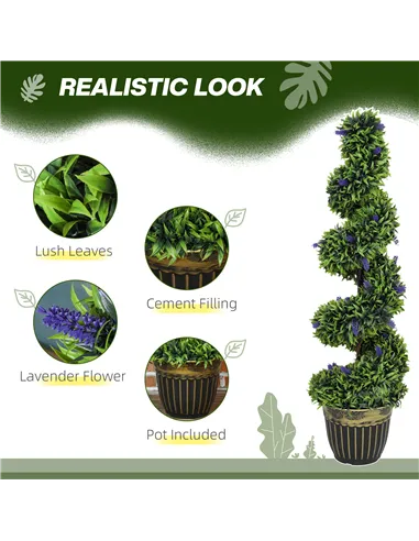 HOMCOM Set of 2 Decorative Artificial Plants, Boxwood Spiral Topiary Tree with Lavender and Pot, Fake Plants for Home Indoor Out