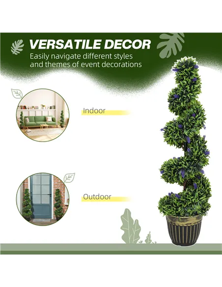 HOMCOM Set of 2 Decorative Artificial Plants, Boxwood Spiral Topiary Tree with Lavender and Pot, Fake Plants for Home Indoor Out