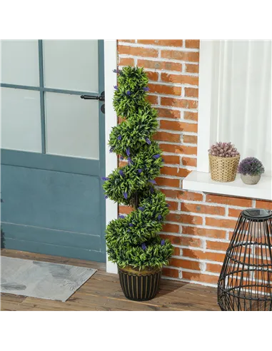 HOMCOM Set of 2 Decorative Artificial Plants, Boxwood Spiral Topiary Tree with Lavender and Pot, Fake Plants for Home Indoor Out