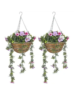 HOMCOM Set of 2 Decorative Artificial Plants, Faux Silk Azalea Flowers in Hanging Baskets, Fake Plants for Home Indoor Outdoor D