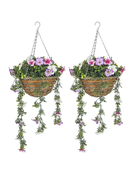 HOMCOM Set of 2 Decorative Artificial Plants, Faux Silk Azalea Flowers in Hanging Baskets, Fake Plants for Home Indoor Outdoor D