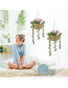 HOMCOM Set of 2 Decorative Artificial Plants, Faux Silk Azalea Flowers in Hanging Baskets, Fake Plants for Home Indoor Outdoor D 2