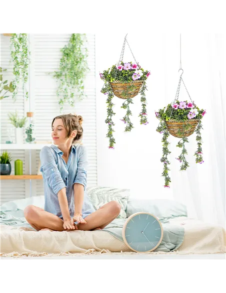 HOMCOM Set of 2 Decorative Artificial Plants, Faux Silk Azalea Flowers in Hanging Baskets, Fake Plants for Home Indoor Outdoor D