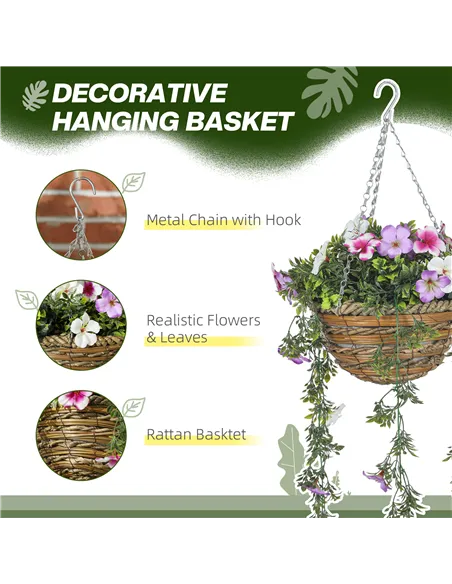 HOMCOM Set of 2 Decorative Artificial Plants, Faux Silk Azalea Flowers in Hanging Baskets, Fake Plants for Home Indoor Outdoor D