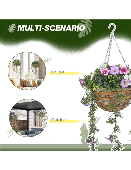 HOMCOM Set of 2 Decorative Artificial Plants, Faux Silk Azalea Flowers in Hanging Baskets, Fake Plants for Home Indoor Outdoor D
