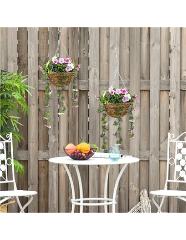 HOMCOM Set of 2 Decorative Artificial Plants, Faux Silk Azalea Flowers in Hanging Baskets, Fake Plants for Home Indoor Outdoor D