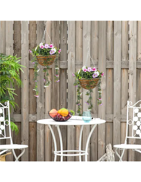 HOMCOM Set of 2 Decorative Artificial Plants, Faux Silk Azalea Flowers in Hanging Baskets, Fake Plants for Home Indoor Outdoor D
