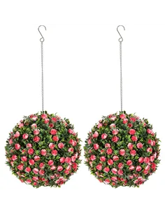 HOMCOM Set of 2 Decorative Artificial Plants, UV-protected Artificial Plant Topiary Rose Balls, Fake Plants for Home Indoor outd