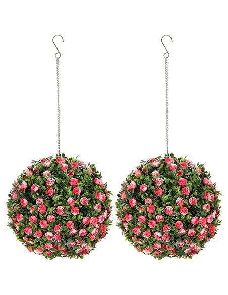 HOMCOM Set of 2 Decorative Artificial Plants, UV-protected Artificial Plant Topiary Rose Balls, Fake Plants for Home Indoor outd
