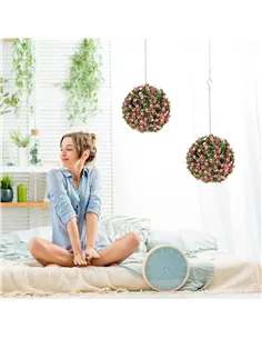 HOMCOM Set of 2 Decorative Artificial Plants, UV-protected Artificial Plant Topiary Rose Balls, Fake Plants for Home Indoor outd 2