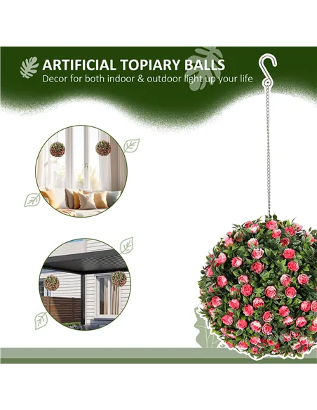 HOMCOM Set of 2 Decorative Artificial Plants, UV-protected Artificial Plant Topiary Rose Balls, Fake Plants for Home Indoor outd