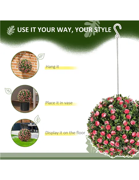 HOMCOM Set of 2 Decorative Artificial Plants, UV-protected Artificial Plant Topiary Rose Balls, Fake Plants for Home Indoor outd