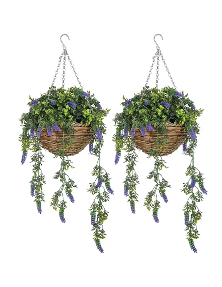 HOMCOM Set of 2 Decorative Artificial Plants, Faux Silk Lavender Flowers in Hanging Baskets, Fake Plants for Home Indoor Outdoor