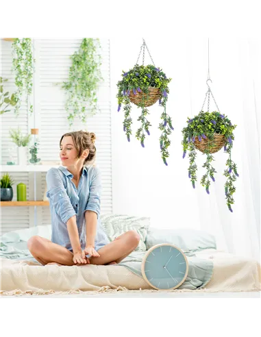 HOMCOM Set of 2 Decorative Artificial Plants, Faux Silk Lavender Flowers in Hanging Baskets, Fake Plants for Home Indoor Outdoor