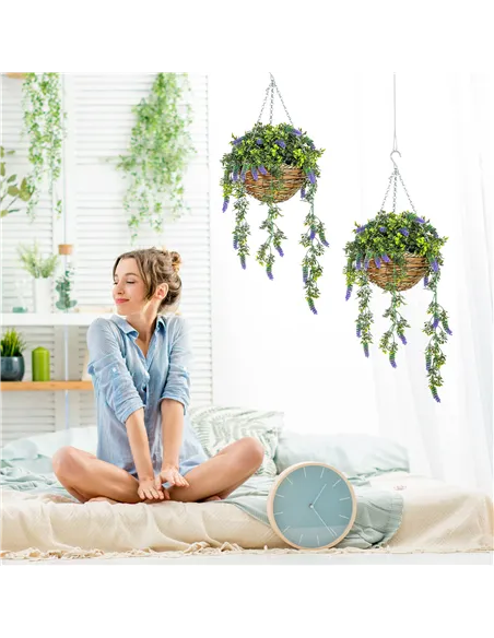 HOMCOM Set of 2 Decorative Artificial Plants, Faux Silk Lavender Flowers in Hanging Baskets, Fake Plants for Home Indoor Outdoor