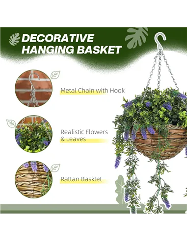 HOMCOM Set of 2 Decorative Artificial Plants, Faux Silk Lavender Flowers in Hanging Baskets, Fake Plants for Home Indoor Outdoor