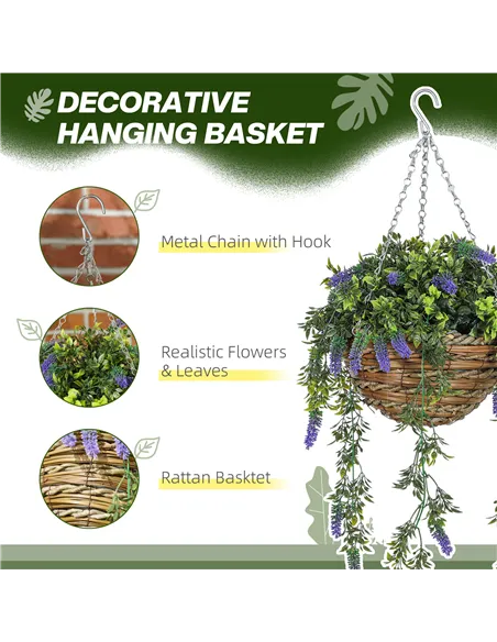 HOMCOM Set of 2 Decorative Artificial Plants, Faux Silk Lavender Flowers in Hanging Baskets, Fake Plants for Home Indoor Outdoor