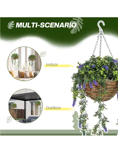 HOMCOM Set of 2 Decorative Artificial Plants, Faux Silk Lavender Flowers in Hanging Baskets, Fake Plants for Home Indoor Outdoor