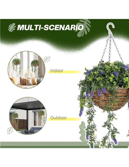 HOMCOM Set of 2 Decorative Artificial Plants, Faux Silk Lavender Flowers in Hanging Baskets, Fake Plants for Home Indoor Outdoor