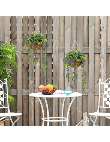 HOMCOM Set of 2 Decorative Artificial Plants, Faux Silk Lavender Flowers in Hanging Baskets, Fake Plants for Home Indoor Outdoor