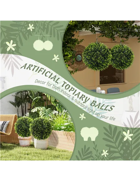 HOMCOM Set of 2 Artificial Plant Topiary Balls, UV-protected Fake Decorative Plants, Faux Plants for Home Indoor Outdoor Decor, 