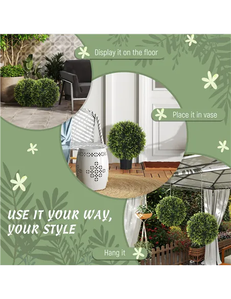 HOMCOM Set of 2 Artificial Plant Topiary Balls, UV-protected Fake Decorative Plants, Faux Plants for Home Indoor Outdoor Decor, 