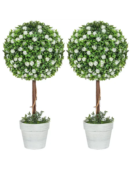 HOMCOM Set of 2 Decorative Artificial Plants, Ball Topiary Tree with Rose Flower in Pot, Fake Plants for Home Indoor Outdoor Dec