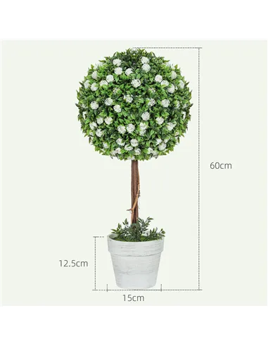 HOMCOM Set of 2 Decorative Artificial Plants, Ball Topiary Tree with Rose Flower in Pot, Fake Plants for Home Indoor Outdoor Dec