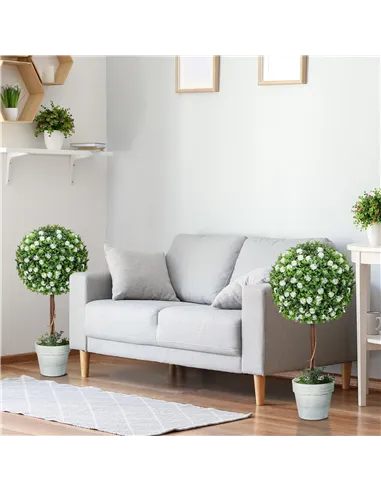 HOMCOM Set of 2 Decorative Artificial Plants, Ball Topiary Tree with Rose Flower in Pot, Fake Plants for Home Indoor Outdoor Dec