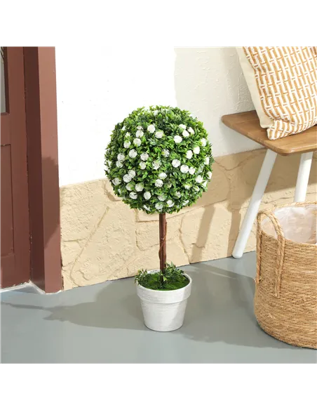 HOMCOM Set of 2 Decorative Artificial Plants, Ball Topiary Tree with Rose Flower in Pot, Fake Plants for Home Indoor Outdoor Dec