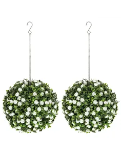HOMCOM Set of 2 Decorative Artificial Plants, UV-protected Artificial Plant Topiary Rose Balls, Fake Plants for Home Indoor outd