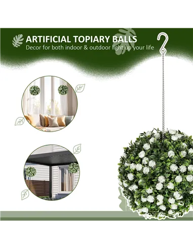 HOMCOM Set of 2 Decorative Artificial Plants, UV-protected Artificial Plant Topiary Rose Balls, Fake Plants for Home Indoor outd