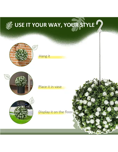 HOMCOM Set of 2 Decorative Artificial Plants, UV-protected Artificial Plant Topiary Rose Balls, Fake Plants for Home Indoor outd