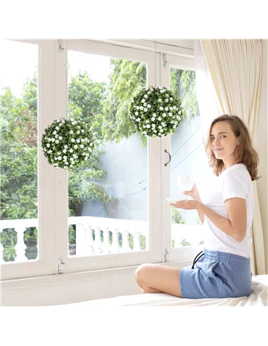 HOMCOM Set of 2 Decorative Artificial Plants, UV-protected Artificial Plant Topiary Rose Balls, Fake Plants for Home Indoor outd