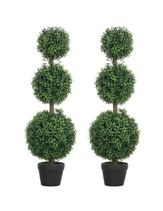 HOMCOM Set of 2 Decorative Artificial Trees, Topiary Ball-shaped Boxwood Trees in Pot, Fake Plants for Home Indoor outdoor Decor
