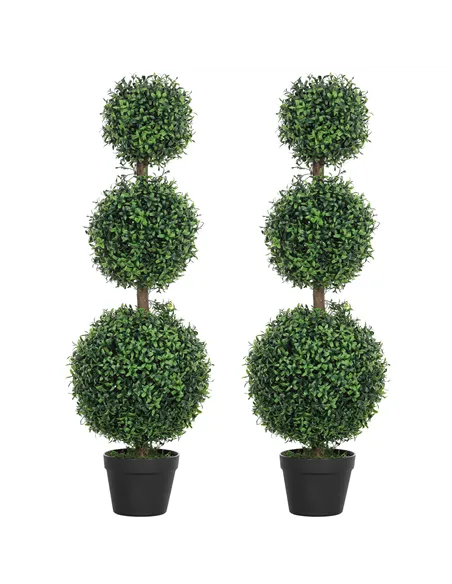 HOMCOM Set of 2 Decorative Artificial Trees, Topiary Ball-shaped Boxwood Trees in Pot, Fake Plants for Home Indoor outdoor Decor