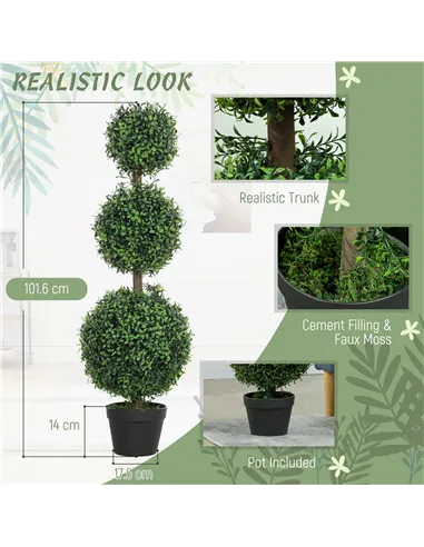 HOMCOM Set of 2 Decorative Artificial Trees, Topiary Ball-shaped Boxwood Trees in Pot, Fake Plants for Home Indoor outdoor Decor