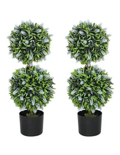 HOMCOM Set of 2 Decorative Artificial Plants Ball Trees with Lavender Flowers in Pot Fake Plants for Home Indoor Outdoor Decor, 