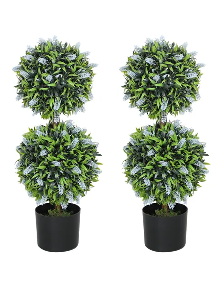 HOMCOM Set of 2 Decorative Artificial Plants Ball Trees with Lavender Flowers in Pot Fake Plants for Home Indoor Outdoor Decor, 