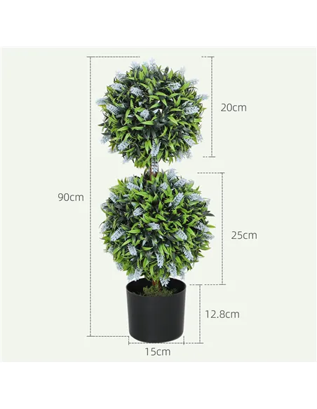HOMCOM Set of 2 Decorative Artificial Plants Ball Trees with Lavender Flowers in Pot Fake Plants for Home Indoor Outdoor Decor, 